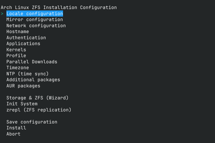 archinstall_zfs menu interface